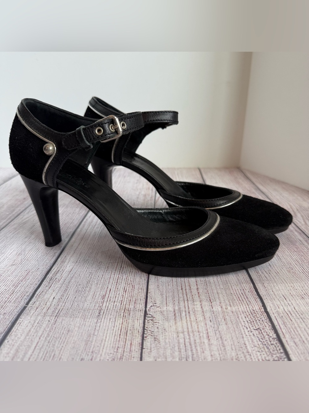 Max Mara Black Suede Mary Jane Heels Shoes 8/8.5